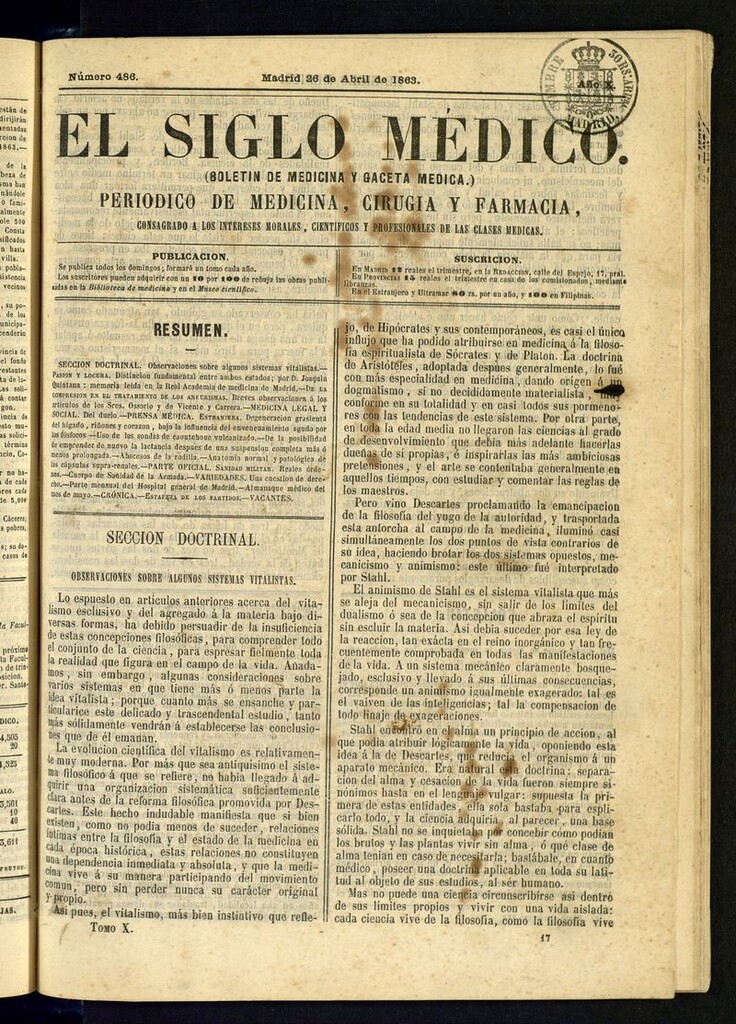 Miniatura de El Siglo Médico: boletín de medicina y gaceta médica del 26 de abril de 1863