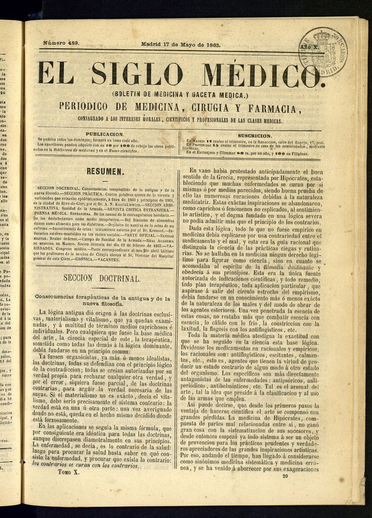 Miniatura de El Siglo Médico: boletín de medicina y gaceta médica del 17 de mayo de 1863
