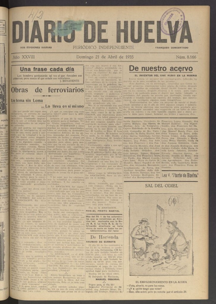 Miniatura de Diario de Huelva : periódico independiente del 21 de abril de 1935