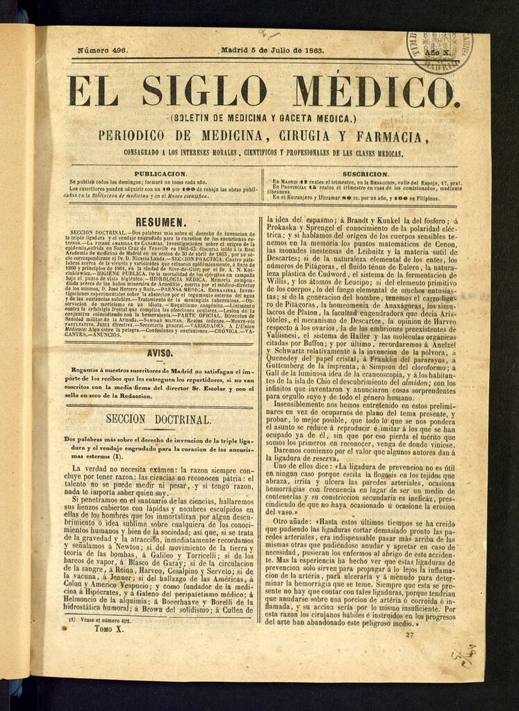 Miniatura de El Siglo Médico: boletín de medicina y gaceta médica del 5 de julio de 1863