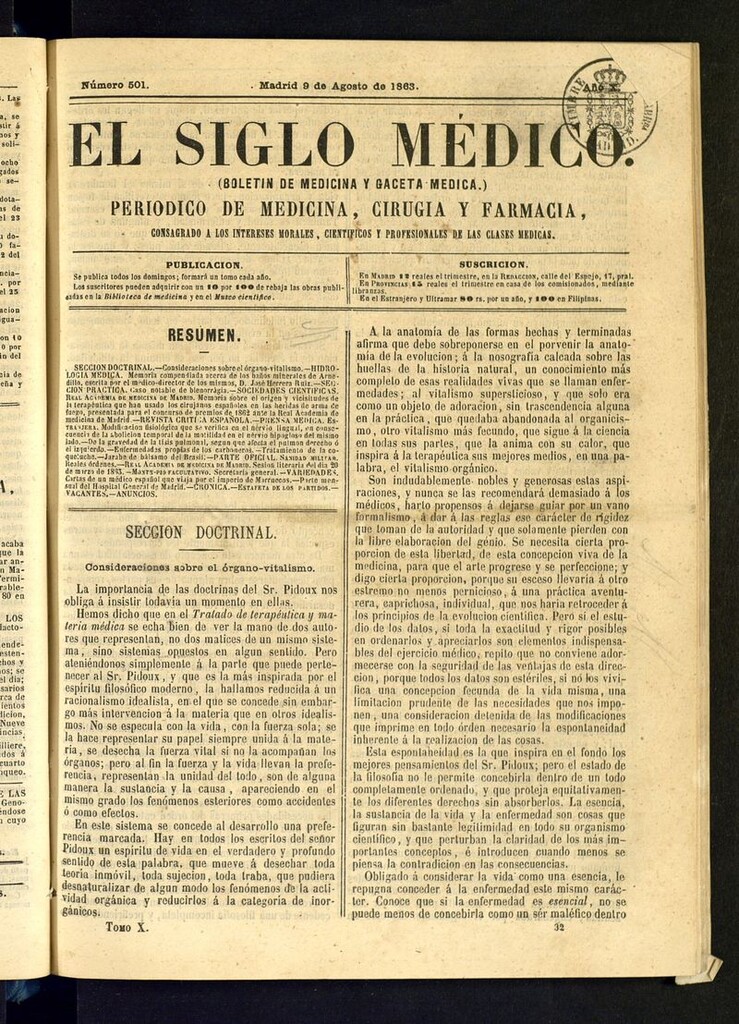 Miniatura de El Siglo Médico: boletín de medicina y gaceta médica del 9 de agosto de 1863