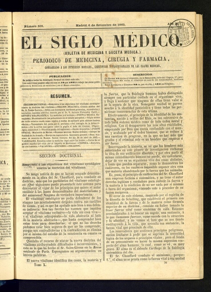 Miniatura de El Siglo Médico: boletín de medicina y gaceta médica del 6 de septiembre de 1863