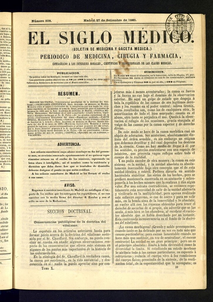 Miniatura de El Siglo Médico: boletín de medicina y gaceta médica del 27 de septiembre de 1863
