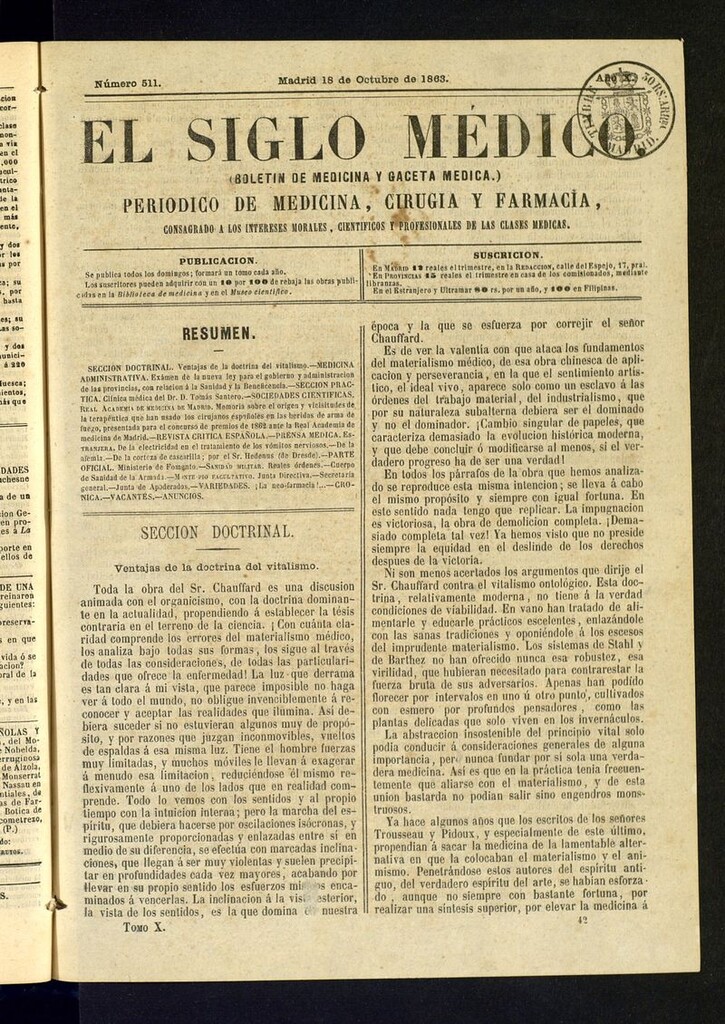 Miniatura de El Siglo Médico: boletín de medicina y gaceta médica del 18 de octubre de 1863