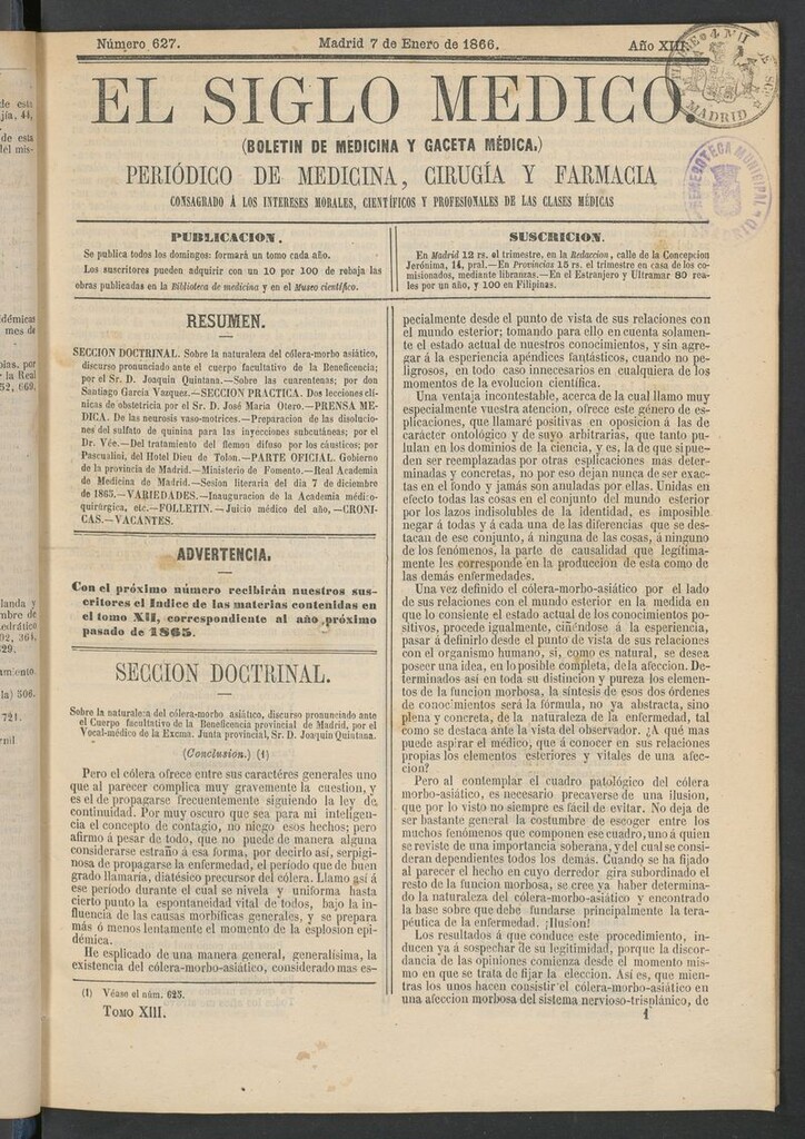 Miniatura de El Siglo Médico: boletín de medicina y gaceta médica del 7 de enero de 1866