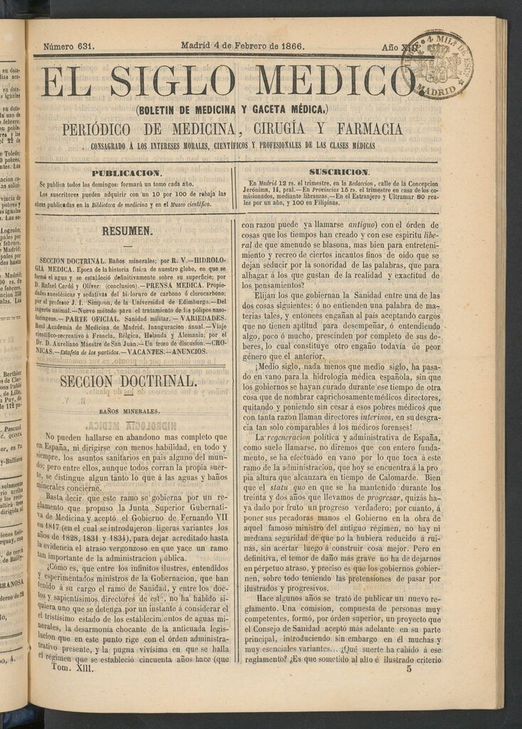 Miniatura de El Siglo Médico: boletín de medicina y gaceta médica del 4 de febrero de 1866