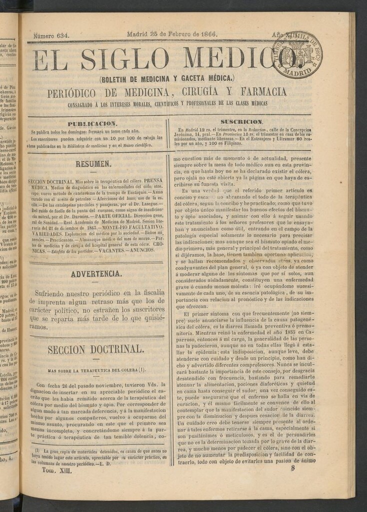 Miniatura de El Siglo Médico: boletín de medicina y gaceta médica del 25 de febrero de 1866