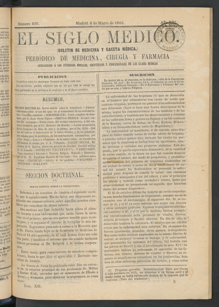 Miniatura de El Siglo Médico: boletín de medicina y gaceta médica del 4 de marzo de 1866