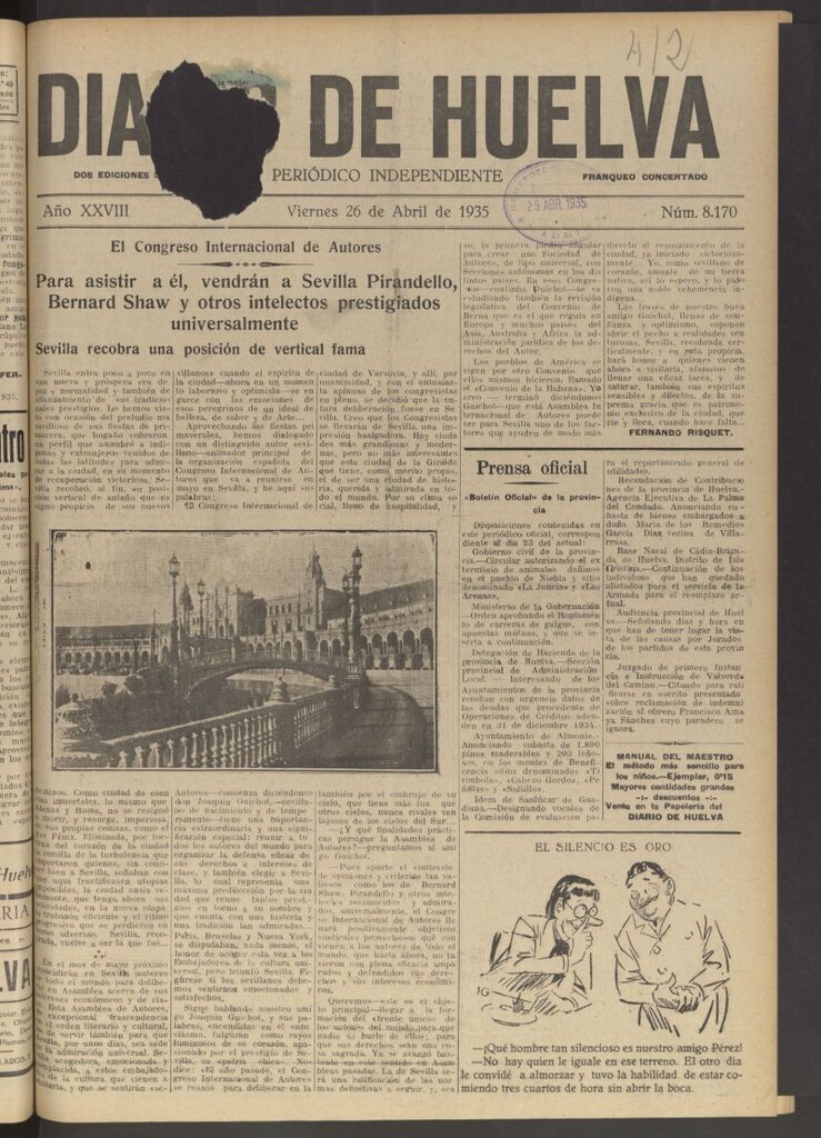 Miniatura de Diario de Huelva : periódico independiente del 26 de abril de 1935