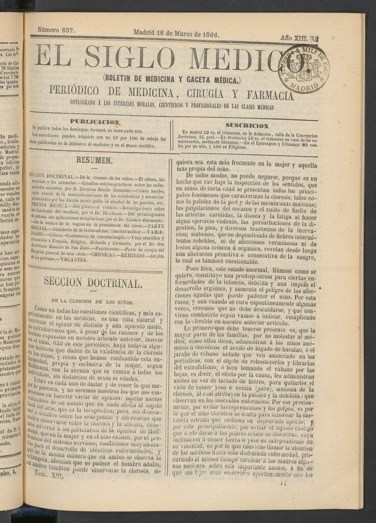 Miniatura de El Siglo Médico: boletín de medicina y gaceta médica del 18 de marzo de 1866