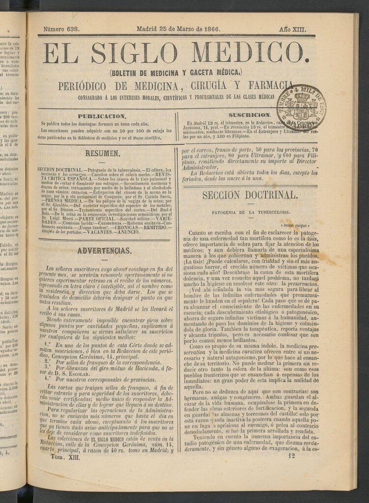 Miniatura de El Siglo Médico: boletín de medicina y gaceta médica del 25 de marzo de 1866