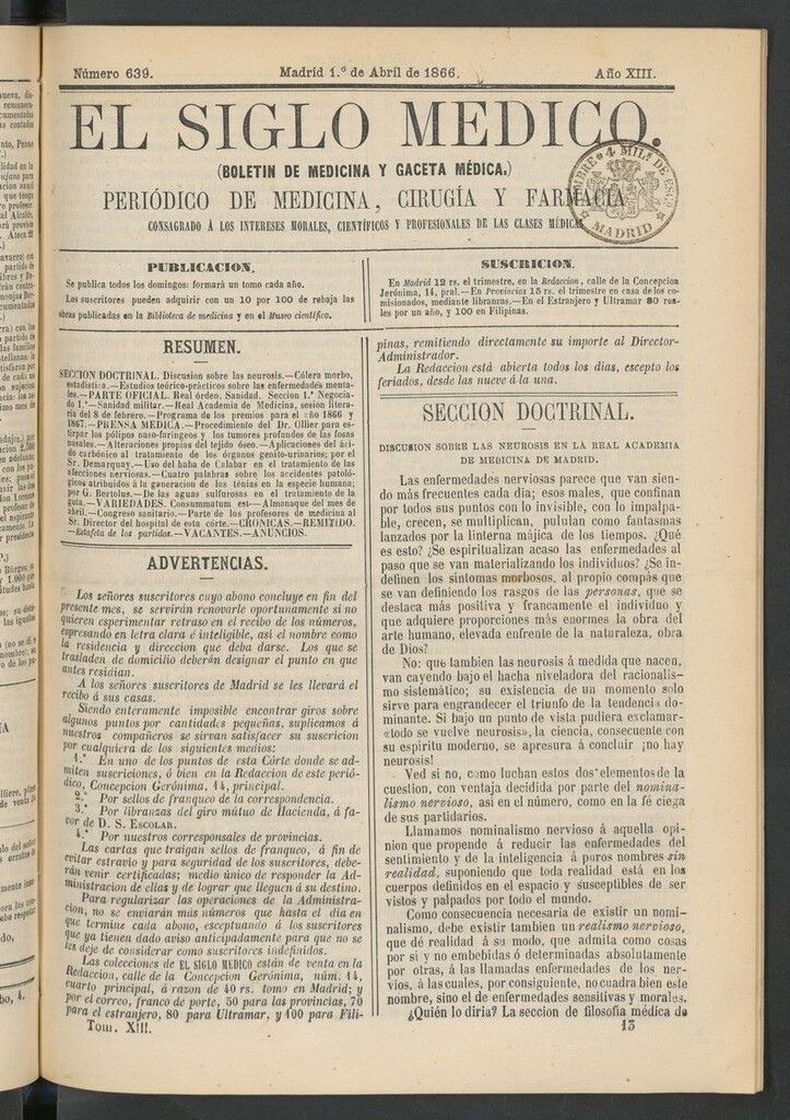 Miniatura de El Siglo Médico: boletín de medicina y gaceta médica del 1 de abril de 1866