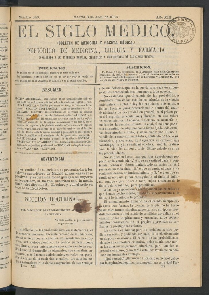 Miniatura de El Siglo Médico: boletín de medicina y gaceta médica del 8 de abril de 1866