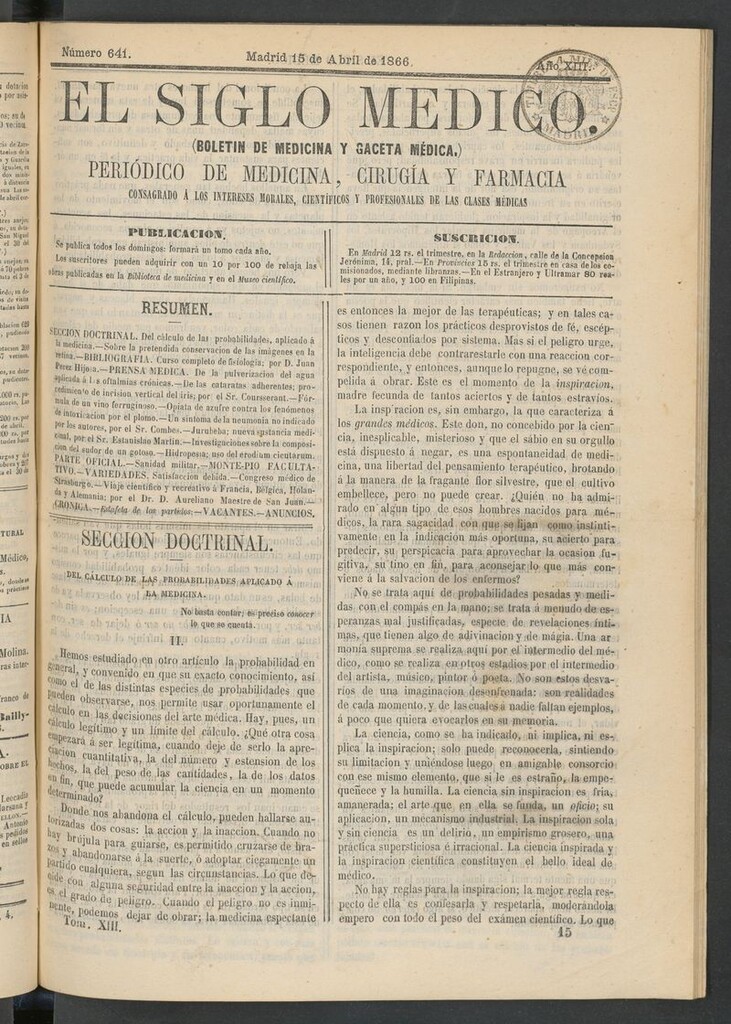 Miniatura de El Siglo Médico: boletín de medicina y gaceta médica del 15 de abril de 1866