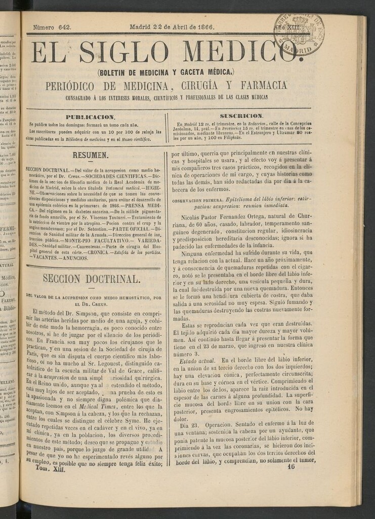 Miniatura de El Siglo Médico: boletín de medicina y gaceta médica del 22 de abril de 1866