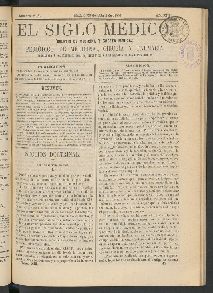 Miniatura de El Siglo Médico: boletín de medicina y gaceta médica del 29 de abril de 1866
