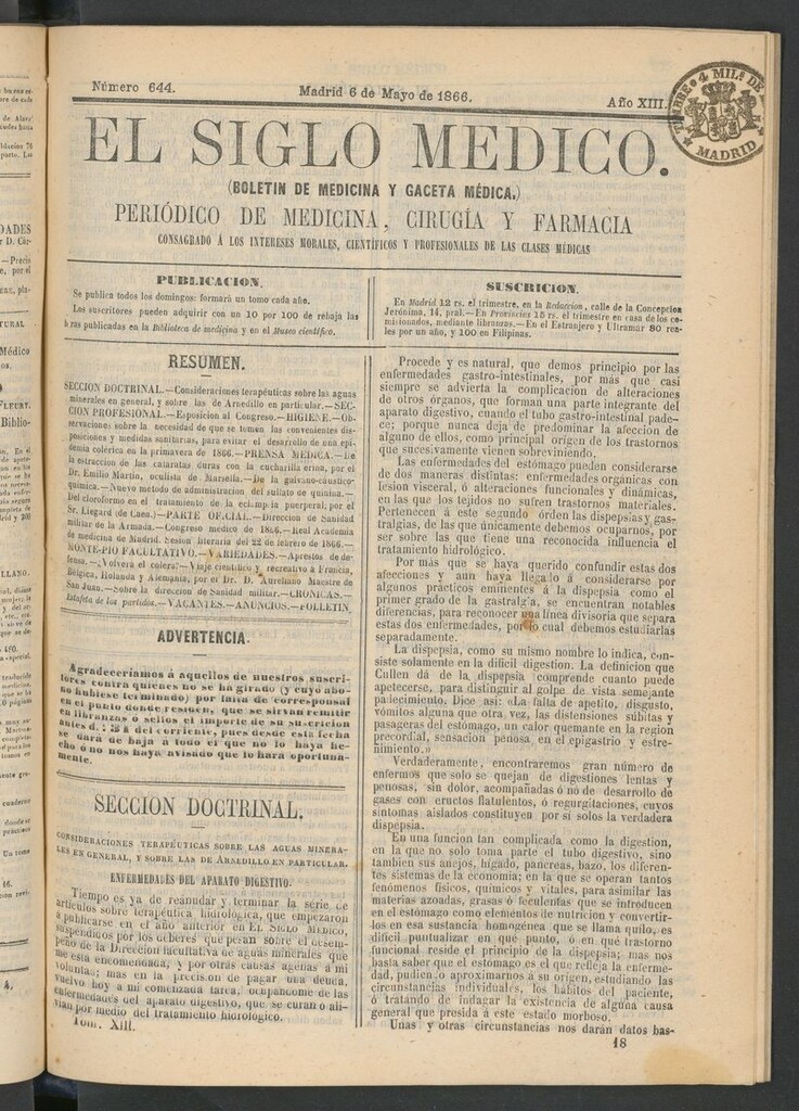 Miniatura de El Siglo Médico: boletín de medicina y gaceta médica del 6 de mayo de 1866