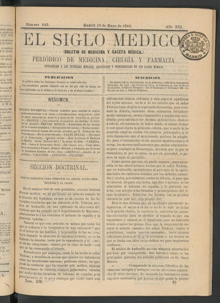 Miniatura de El Siglo Médico: boletín de medicina y gaceta médica del 13 de mayo de 1866