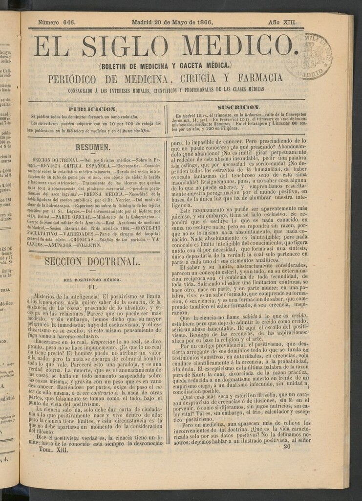 Miniatura de El Siglo Médico: boletín de medicina y gaceta médica del 20 de mayo de 1866
