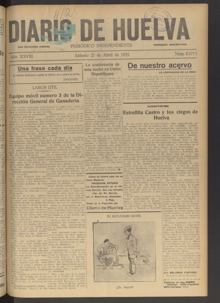 Miniatura de Diario de Huelva : periódico independiente del 27 de abril de 1935