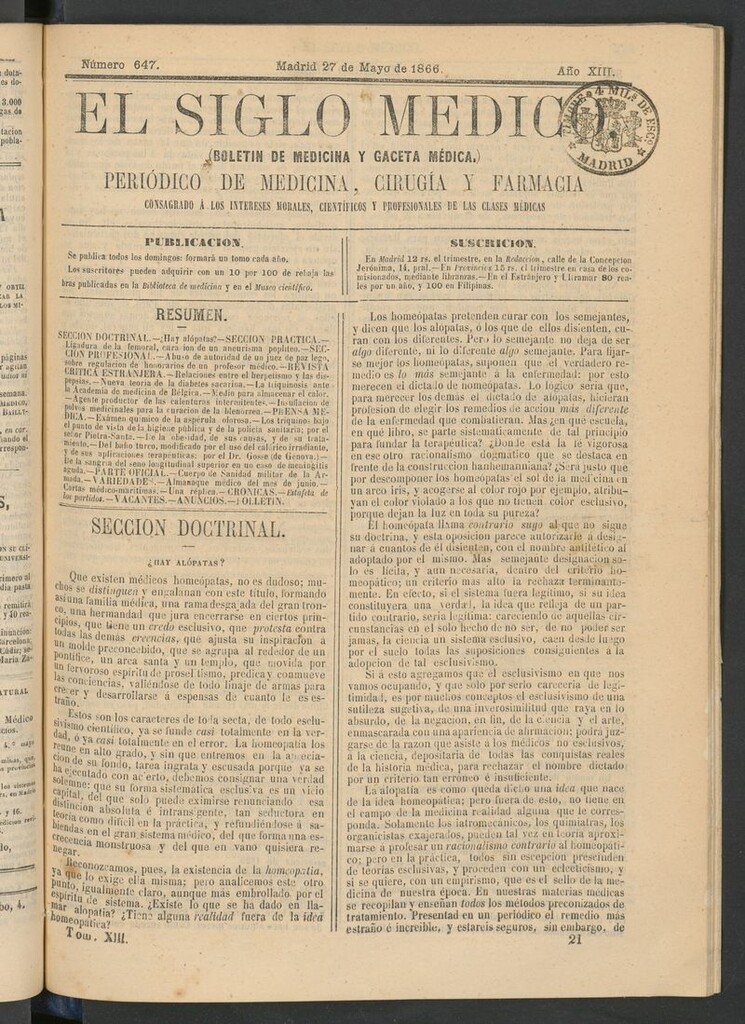 Miniatura de El Siglo Médico: boletín de medicina y gaceta médica del 27 de mayo de 1866