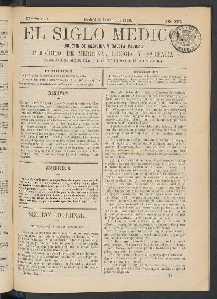 Miniatura de El Siglo Médico: boletín de medicina y gaceta médica del 10 de junio de 1866