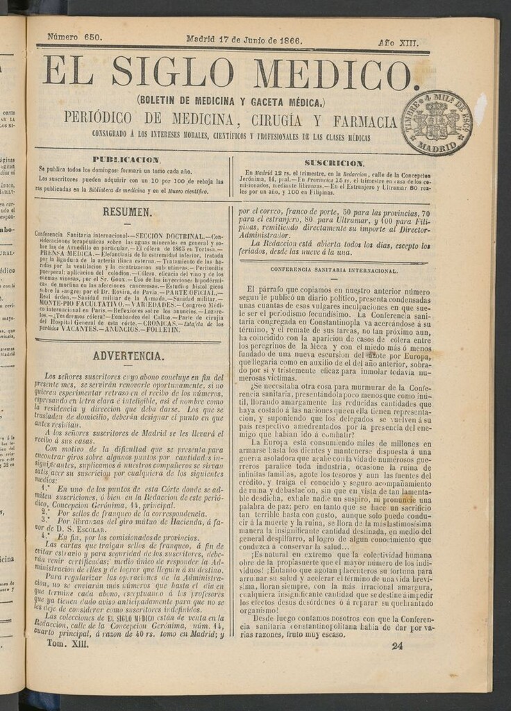 Miniatura de El Siglo Médico: boletín de medicina y gaceta médica del 17 de junio de 1866