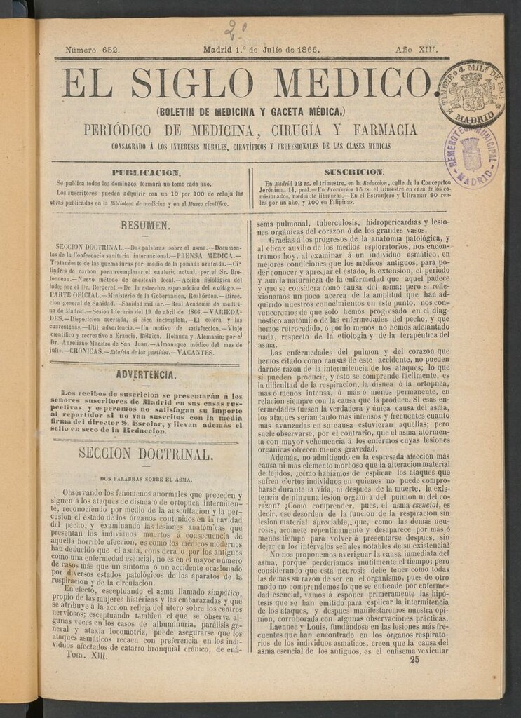 Miniatura de El Siglo Médico: boletín de medicina y gaceta médica del 1 de julio de 1866