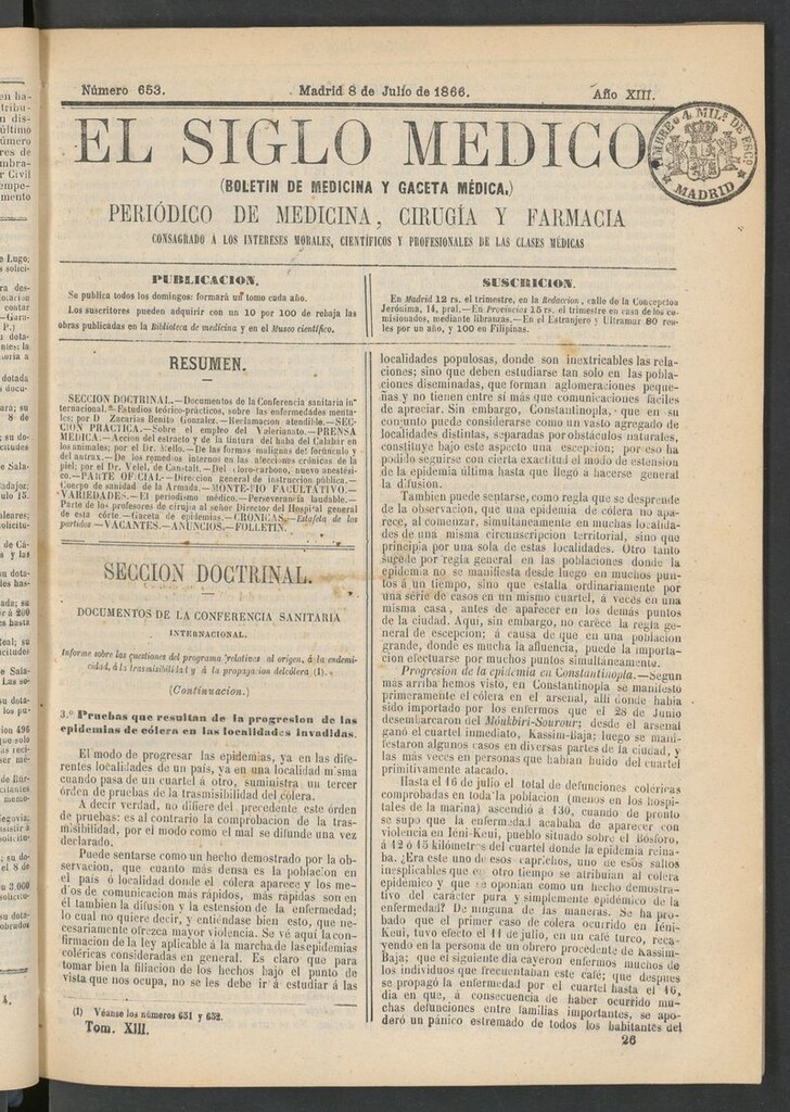 Miniatura de El Siglo Médico: boletín de medicina y gaceta médica del 8 de julio de 1866