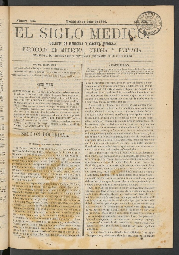 Miniatura de El Siglo Médico: boletín de medicina y gaceta médica del 22 de julio de 1866