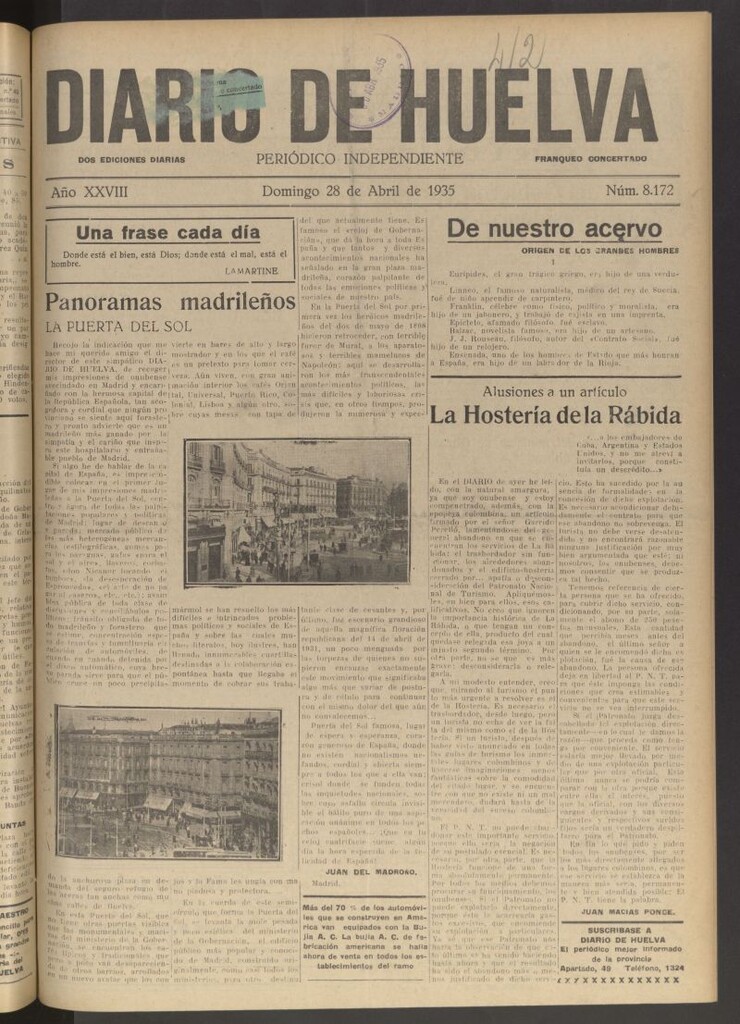 Miniatura de Diario de Huelva : periódico independiente del 28 de abril de 1935