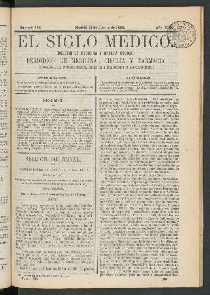 Miniatura de El Siglo Médico: boletín de medicina y gaceta médica del 12 de agosto de 1866
