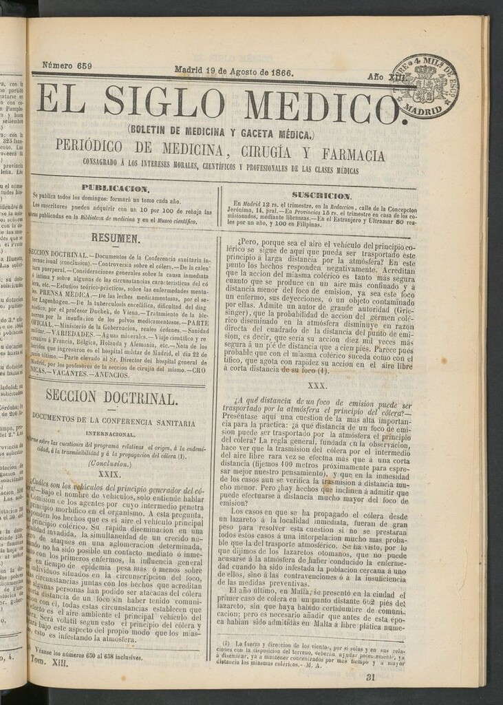 Miniatura de El Siglo Médico: boletín de medicina y gaceta médica del 19 de agosto de 1866