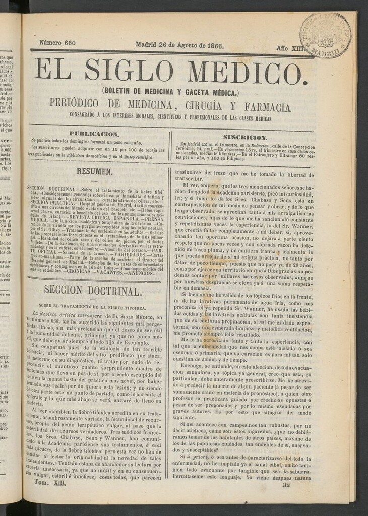 Miniatura de El Siglo Médico: boletín de medicina y gaceta médica del 26 de agosto de 1866