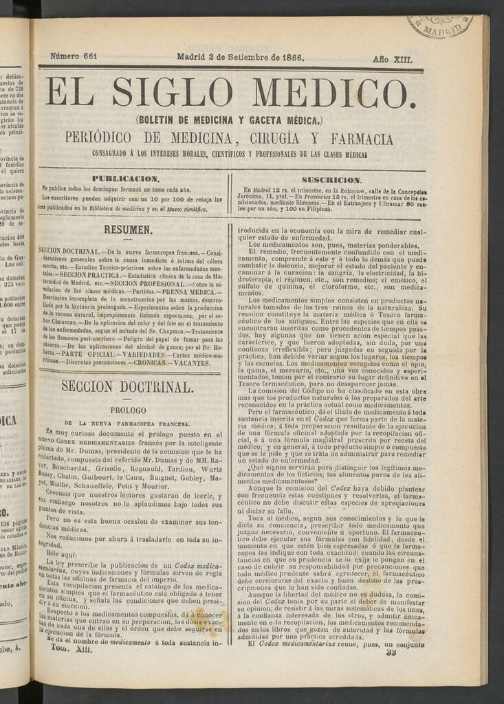 Miniatura de El Siglo Médico: boletín de medicina y gaceta médica del 2 de septiembre de 1866