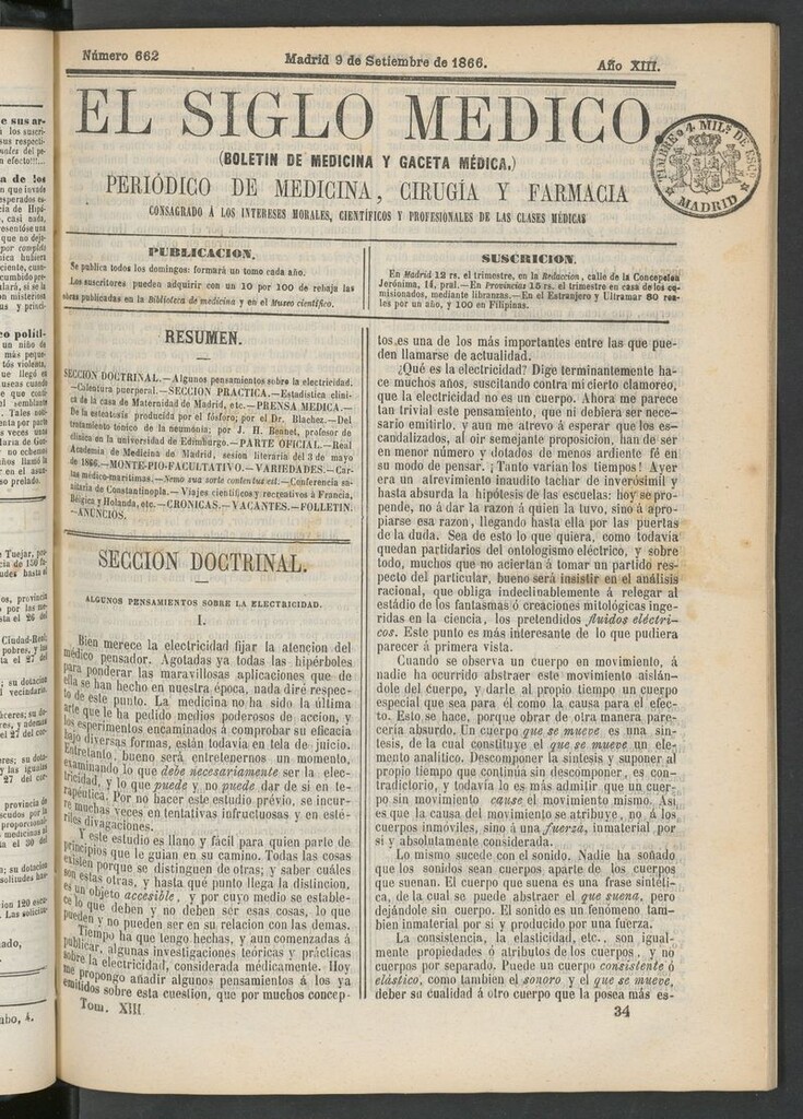 Miniatura de El Siglo Médico: boletín de medicina y gaceta médica del 9 de septiembre de 1866