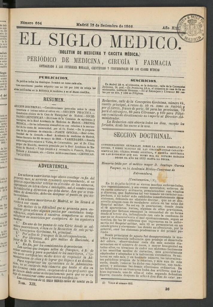 Miniatura de El Siglo Médico: boletín de medicina y gaceta médica del 23 de septiembre de 1866