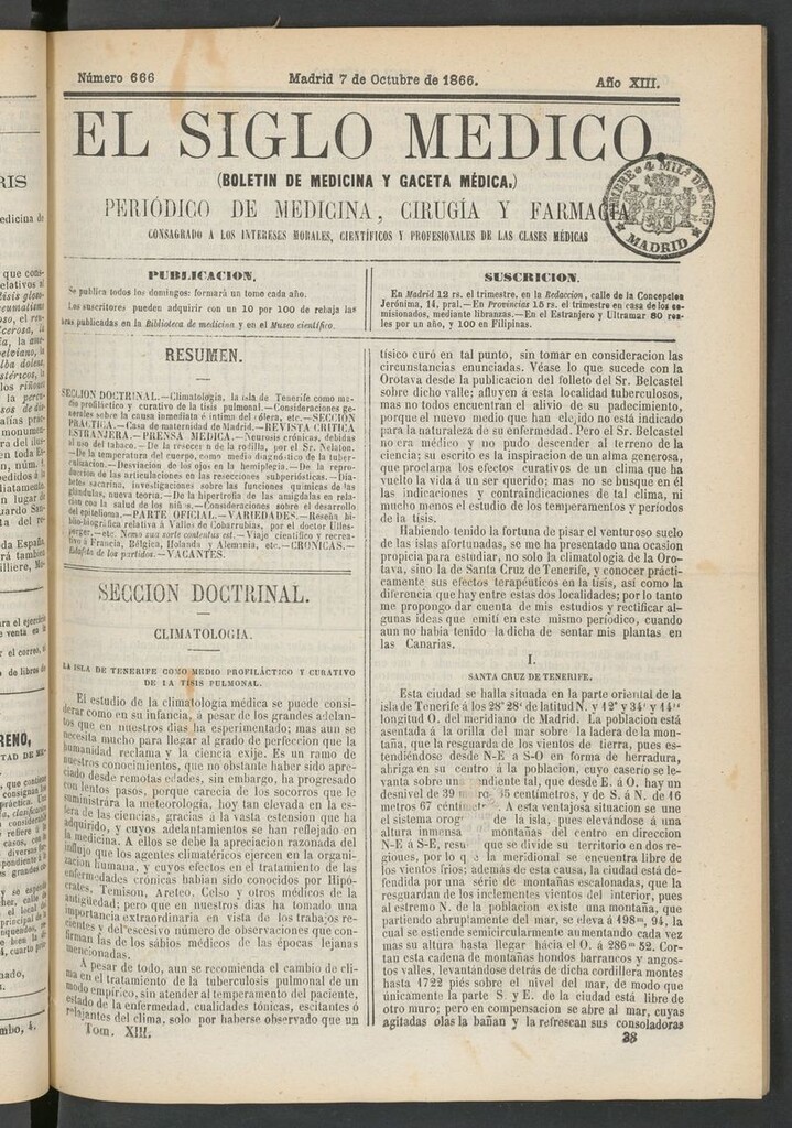 Miniatura de El Siglo Médico: boletín de medicina y gaceta médica del 7 de octubre de 1866