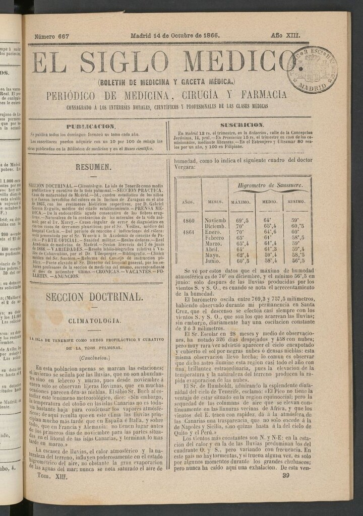 Miniatura de El Siglo Médico: boletín de medicina y gaceta médica del 14 de octubre de 1866