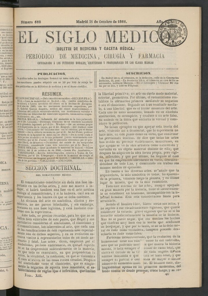 Miniatura de El Siglo Médico: boletín de medicina y gaceta médica del 21 de octubre de 1866