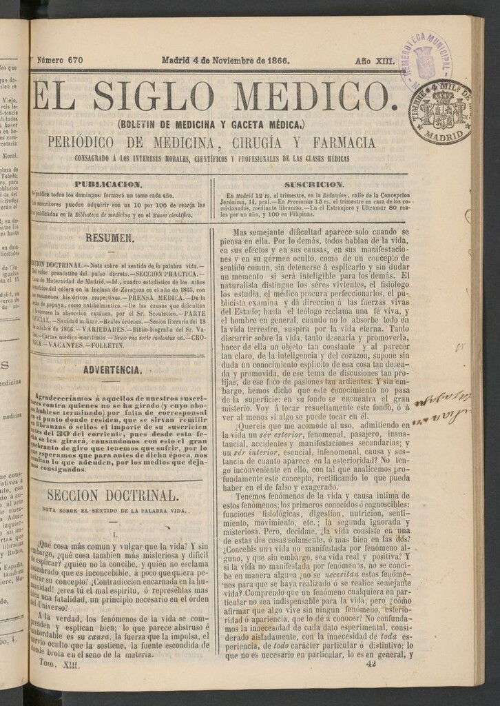 Miniatura de El Siglo Médico: boletín de medicina y gaceta médica del 4 de noviembre de 1866