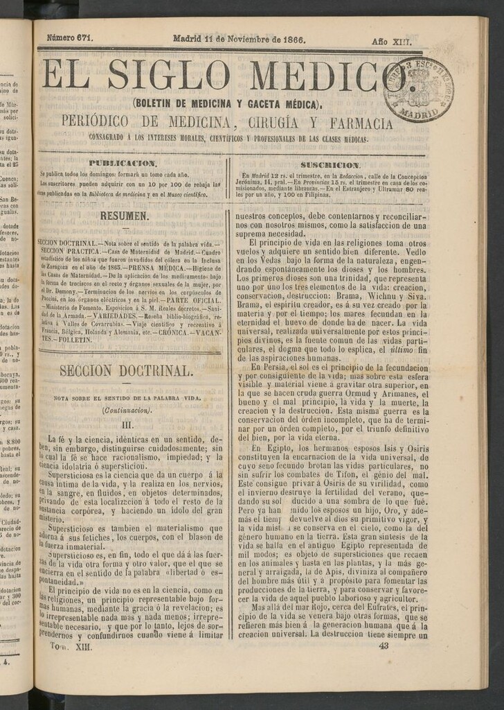 Miniatura de El Siglo Médico: boletín de medicina y gaceta médica del 11 de noviembre de 1866