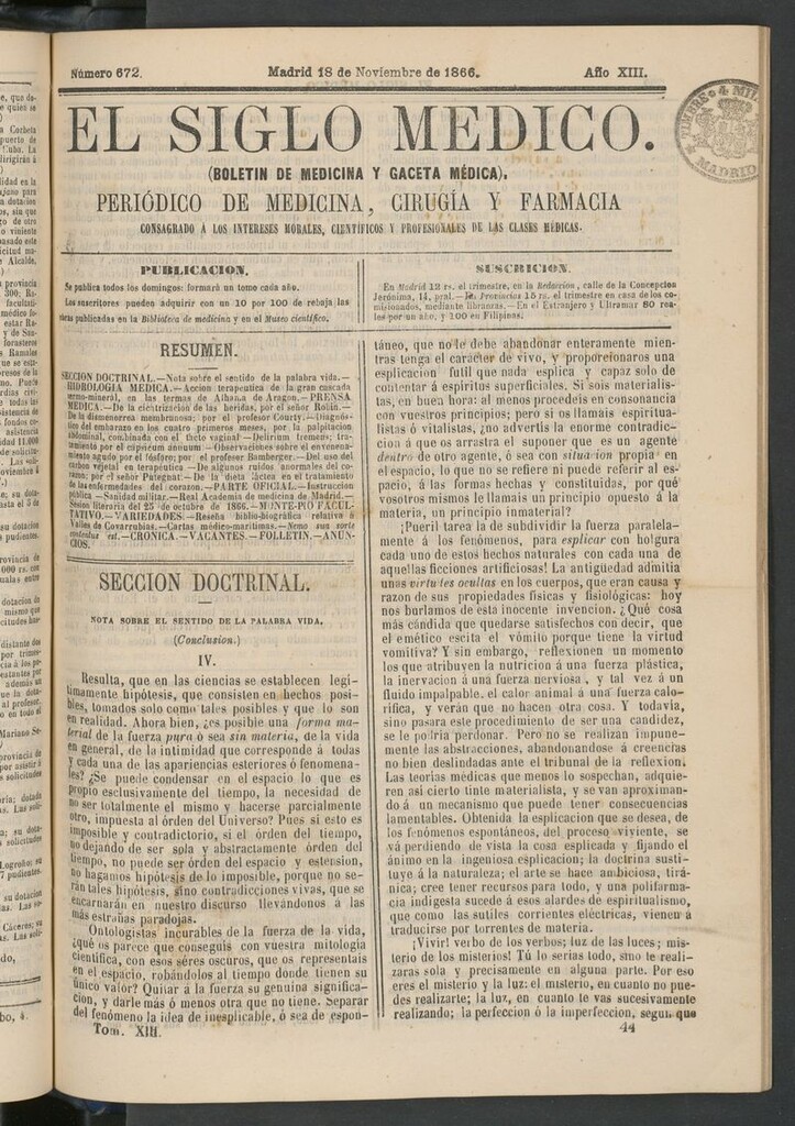 Miniatura de El Siglo Médico: boletín de medicina y gaceta médica del 18 de noviembre de 1866