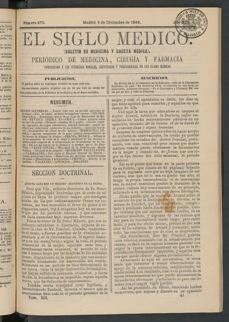 Miniatura de El Siglo Médico: boletín de medicina y gaceta médica del 9 de diciembre de 1866
