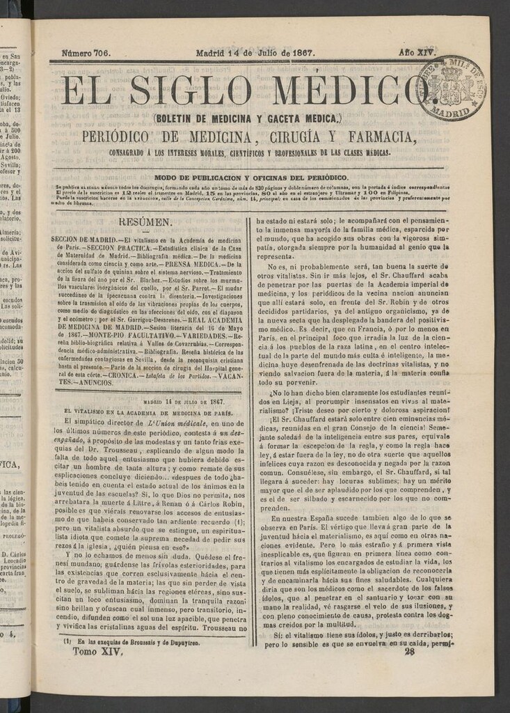 Miniatura de El Siglo Médico: boletín de medicina y gaceta médica del 14 de julio de 1867