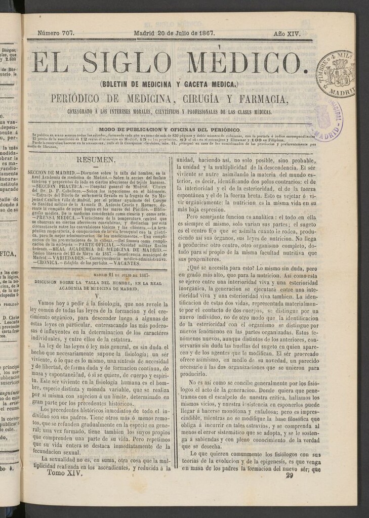 Miniatura de El Siglo Médico: boletín de medicina y gaceta médica del 20 de julio de 1867
