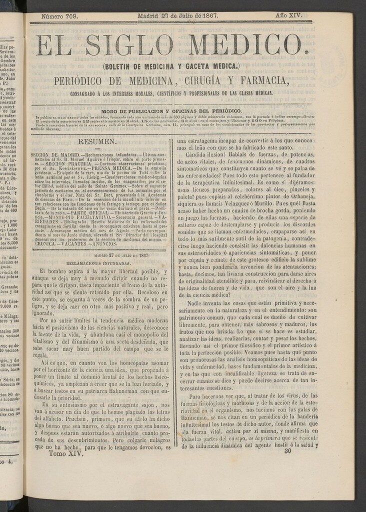 Miniatura de El Siglo Médico: boletín de medicina y gaceta médica del 27 de julio de 1867