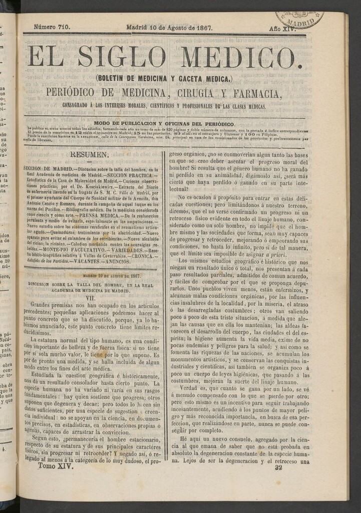 Miniatura de El Siglo Médico: boletín de medicina y gaceta médica del 10 de agosto de 1867