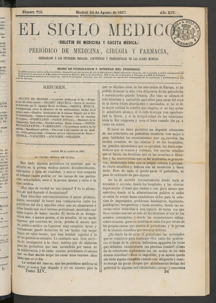 Miniatura de El Siglo Médico: boletín de medicina y gaceta médica del 24 de agosto de 1867