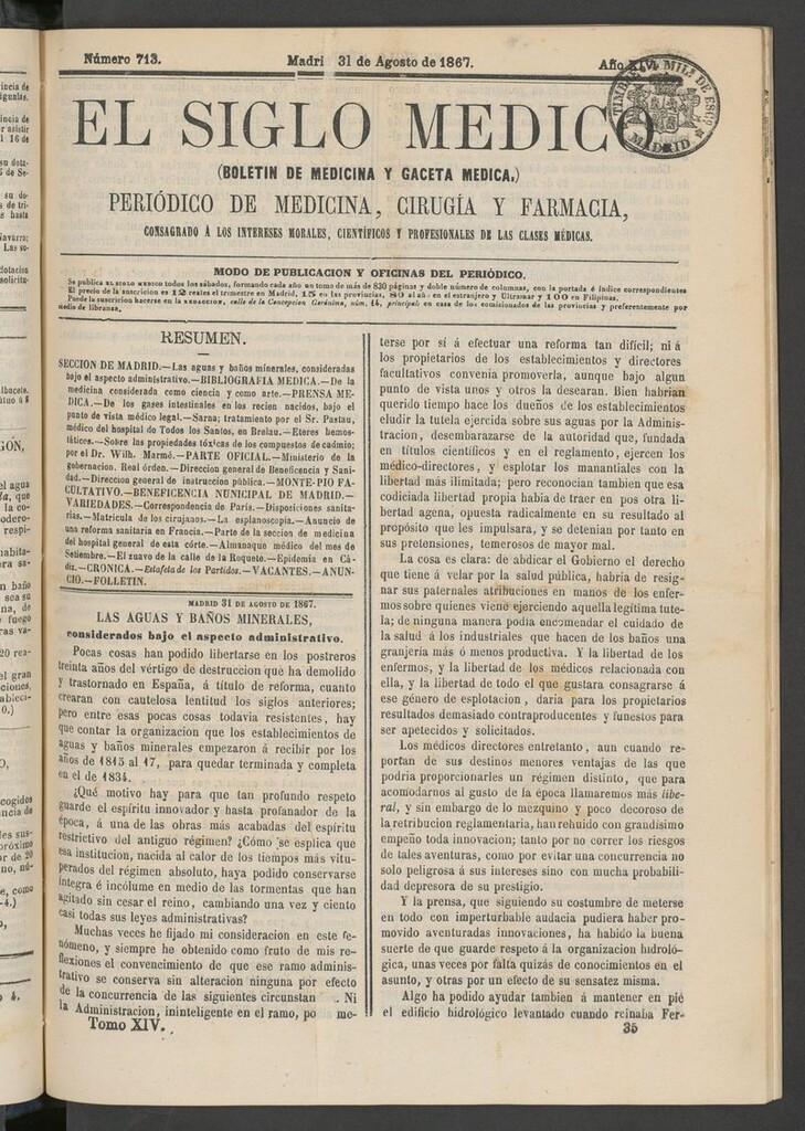 Miniatura de El Siglo Médico: boletín de medicina y gaceta médica del 31 de agosto de 1867